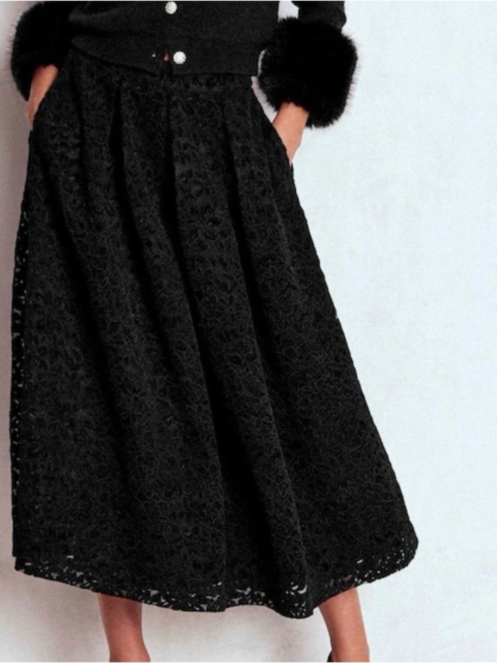 Boden Verity Black Lace Midi Skirt Pleated Sz 12